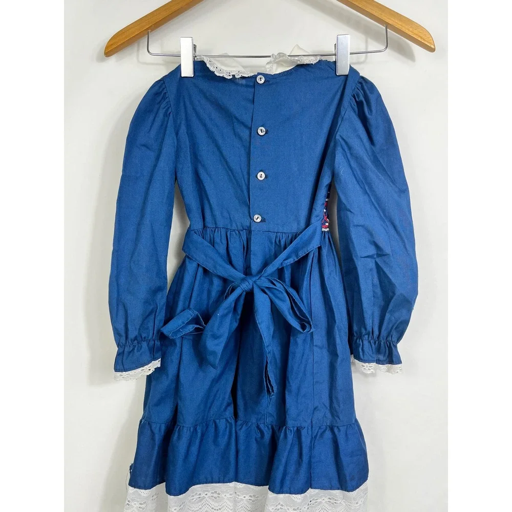 Polly Flinders Vintage‎ Girls Blue Hand Smocked Lace Dress Size 6 5140 VF62